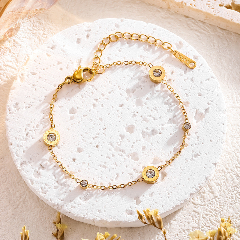 Golden Roman Numeral Crystal Station Bracelet