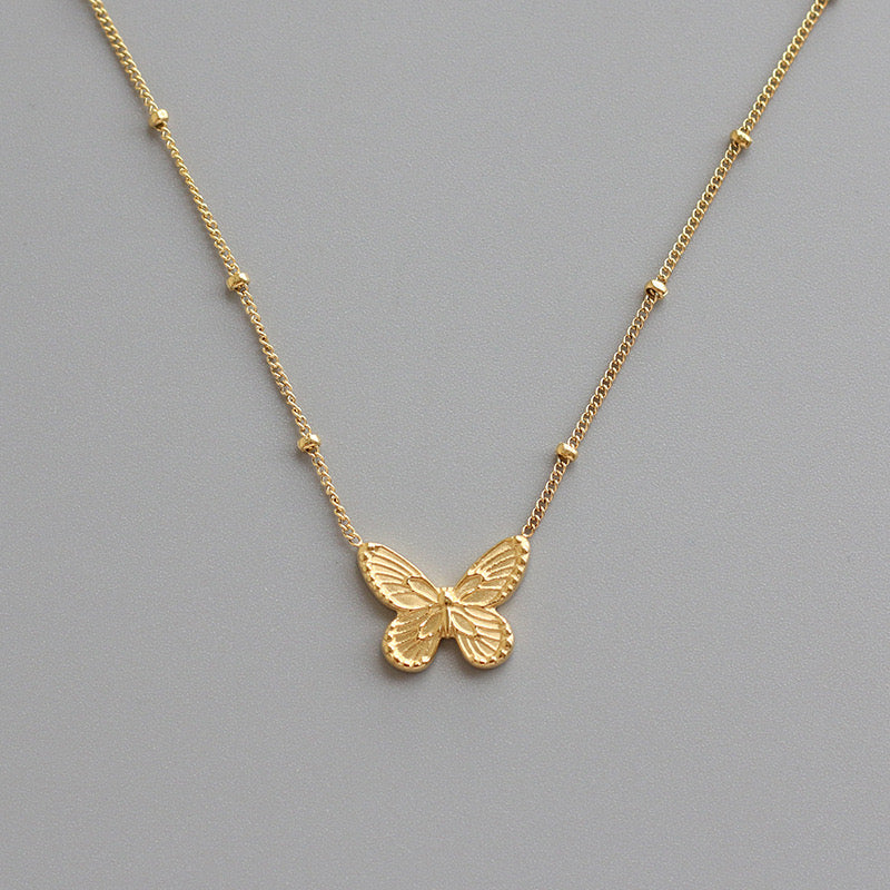 Gold Textured Butterfly Beaded Chain Necklace