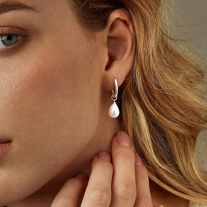 Silver Teardrop Pearl Charm Hoops