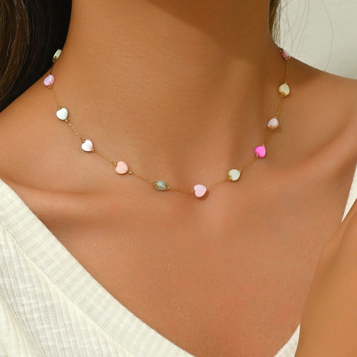 Pastel Heart Station Chain Necklace