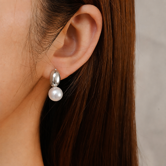 Silver Chunky Dome Drop Pearl Earring