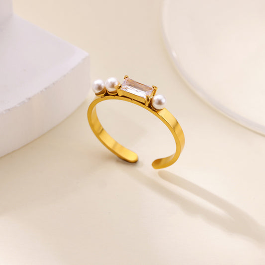 Gold Faux Pearl and Baguette Crystal Open Ring