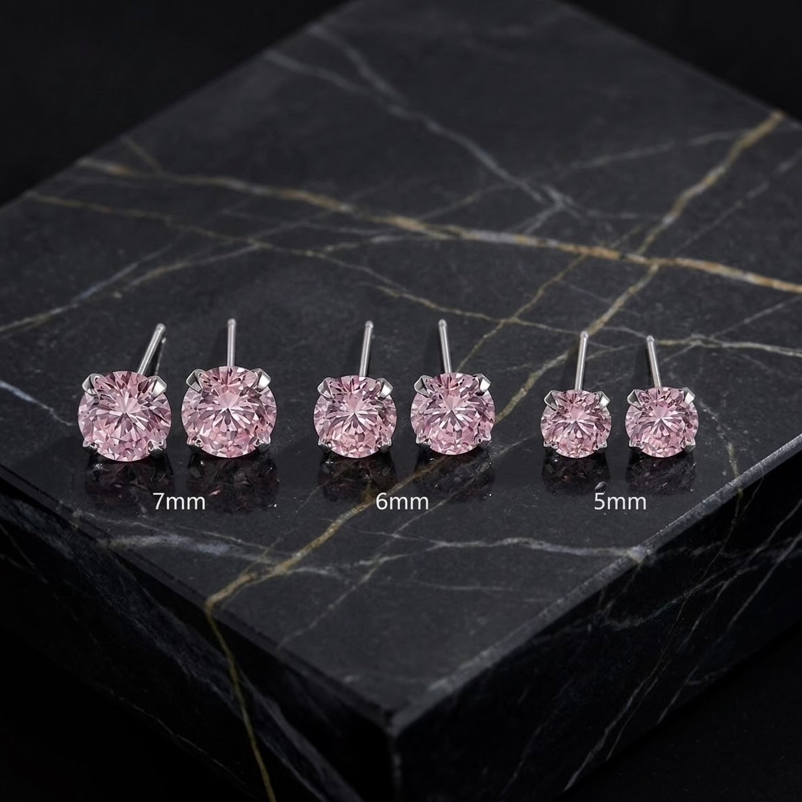 Silver Pink Crystal Solitaire Stud Earrings