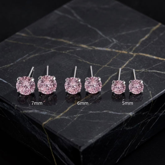 Silver Pink Crystal Solitaire Stud Earrings