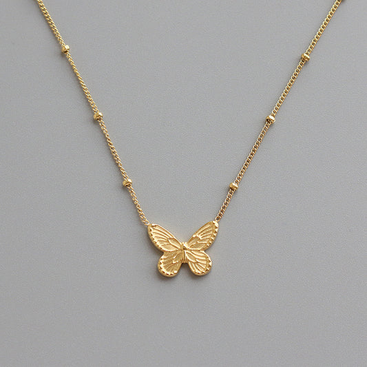 Gold Textured Butterfly Beaded Chain Necklace