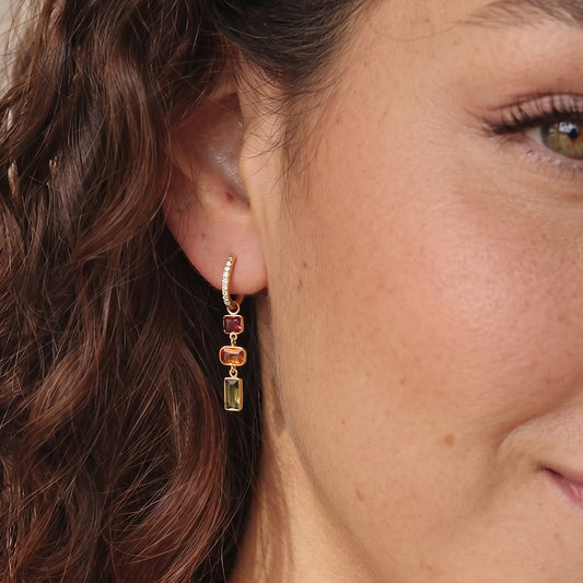 Sunset Gemstone Pavé Gold Huggie Drop Earring