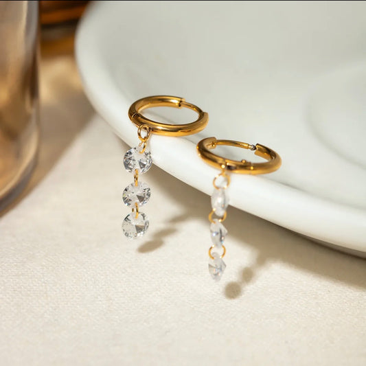 Triple Crystal Cascade Gold Huggie Hoop Earring