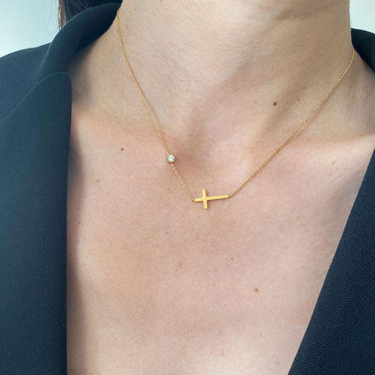Sideways Cross Crystal Station Necklace