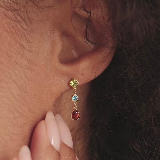 Multi Gemstone Linear Gold Drop Earring