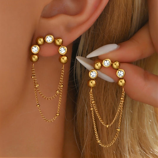 Curved Crystal Bead Gold Chain Drop Earring