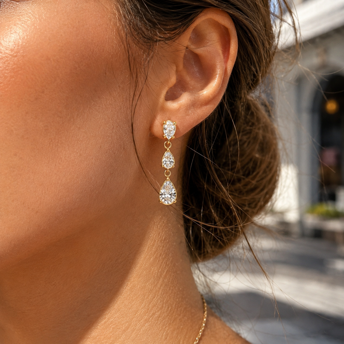 Triple Pear Crystal Gold Drop Earring