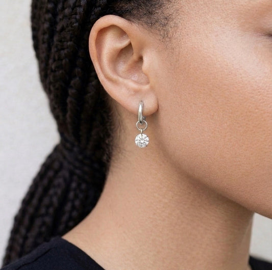 Silver Solitaire Crystal Drop Huggie Earrings