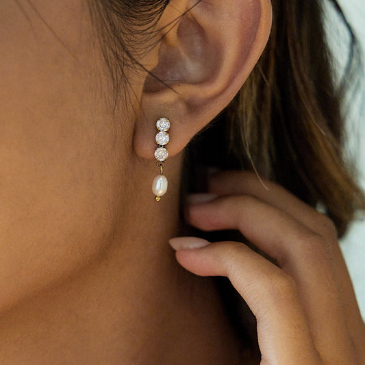 Golden Three-Stone Crystal Pearl Drop Earrings