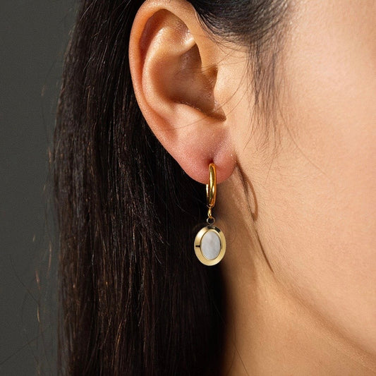 Oval Mother of Pearl Gold Huggie Drop Earring