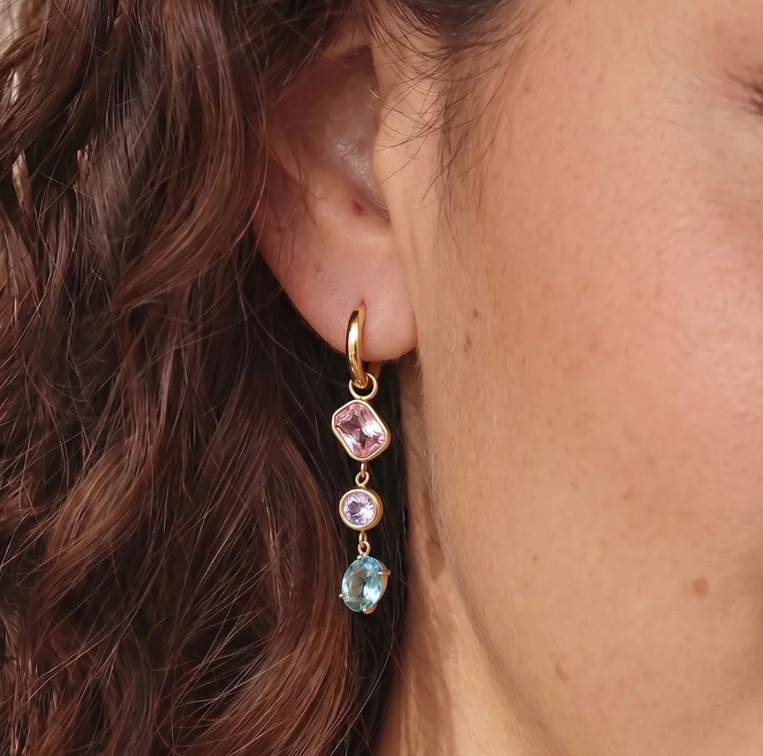Pastel Multi Gemstone Gold Huggie Drop Earring