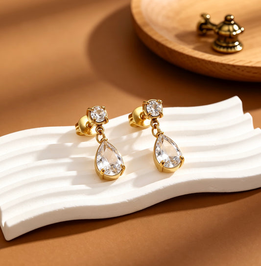 Pear Crystal Gold Drop Earring Pair