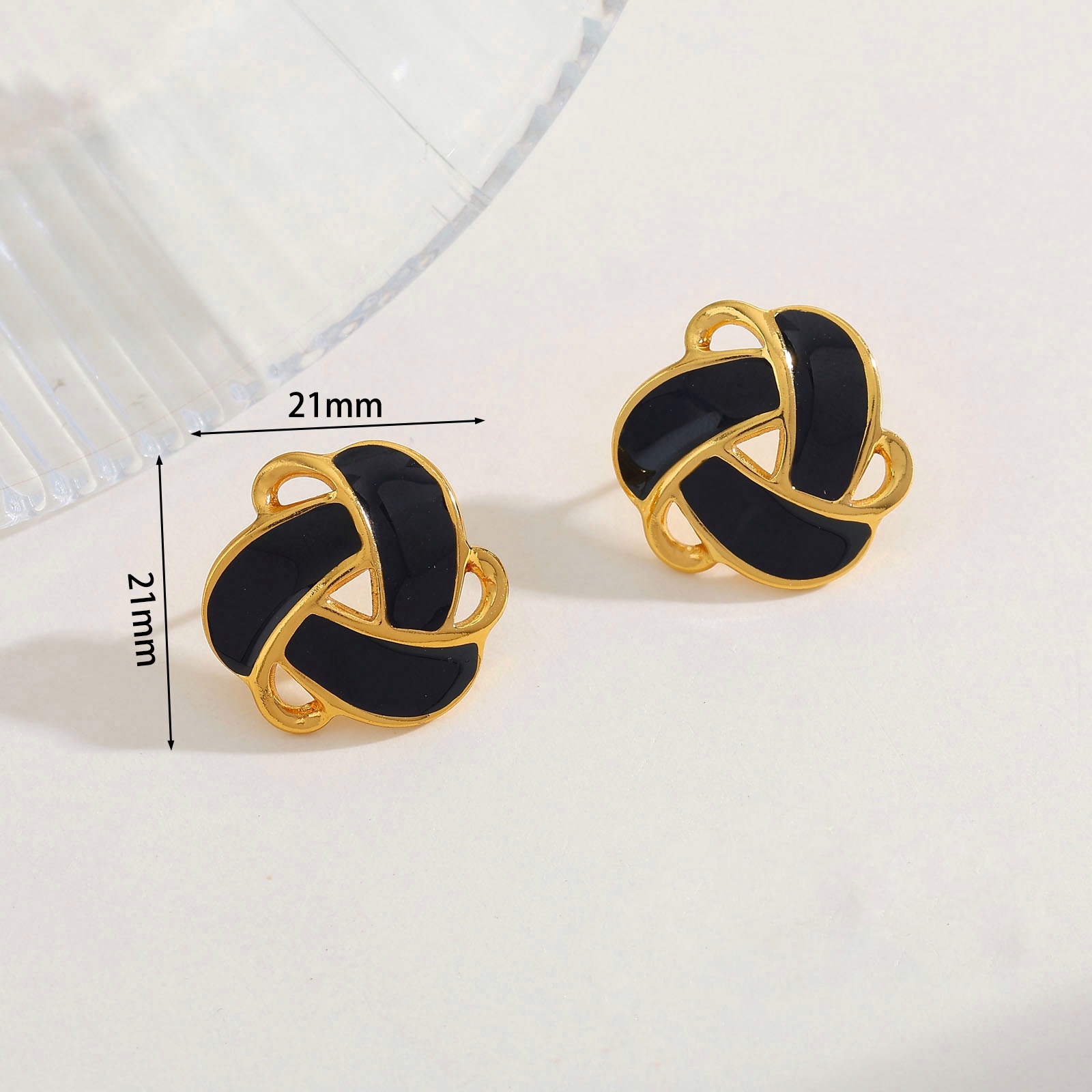 Gold Intertwined Black Enamel Earrings