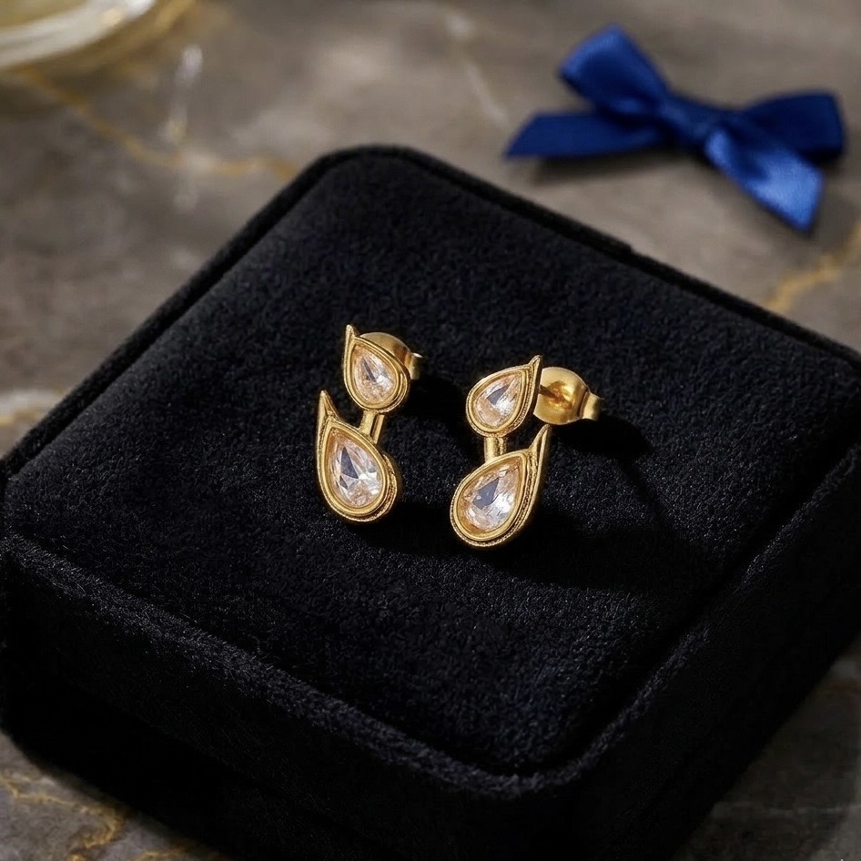 Gold Duo-Teardrop Crystal Earrings