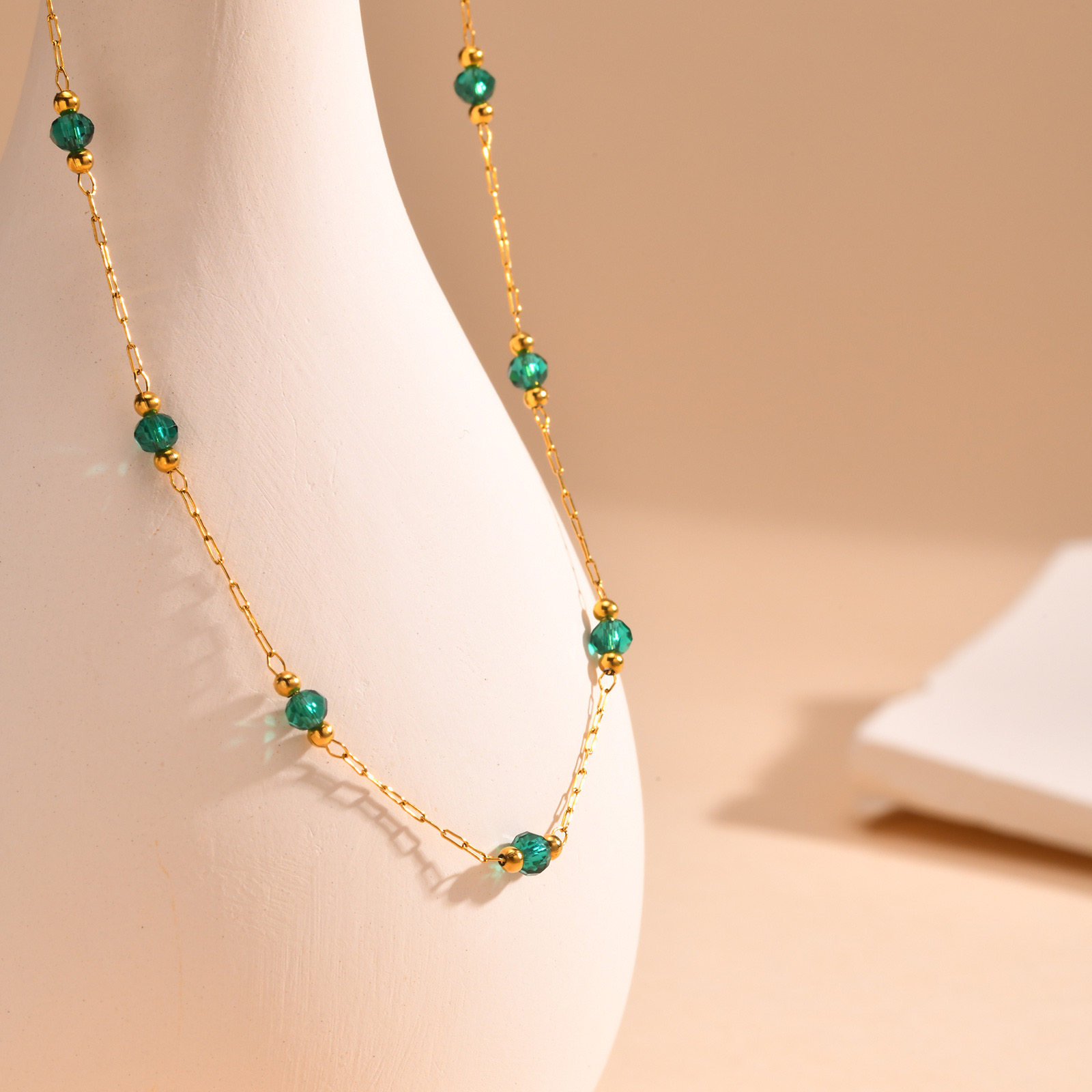 Gold Emerald Green Crystal Necklace