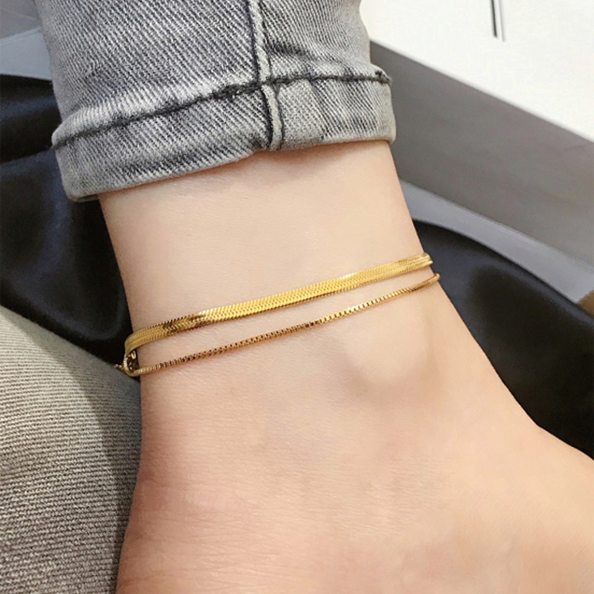 Dual-Chain Herringbone and Box Link Anklet