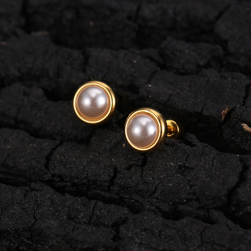 Gold Bezel-Set Pearl Stud Earrings