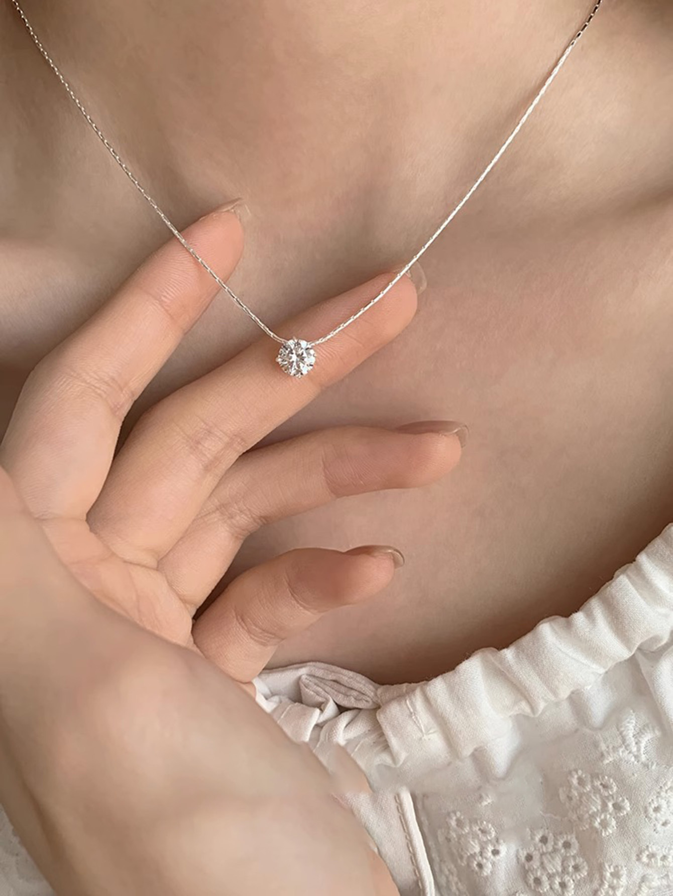 Silver Solitaire Crystal Pendant Necklace