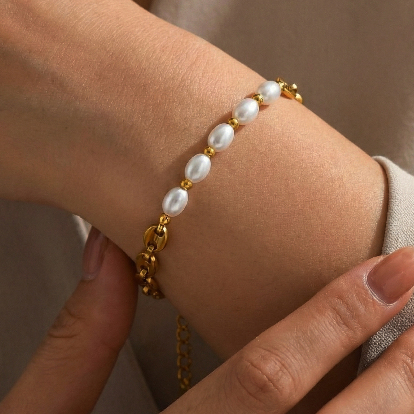 Golden Coffee Bean Pearl Bracelet