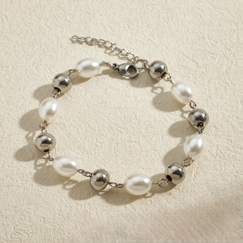 Silver Metallic Bead & Pearl Bracelet