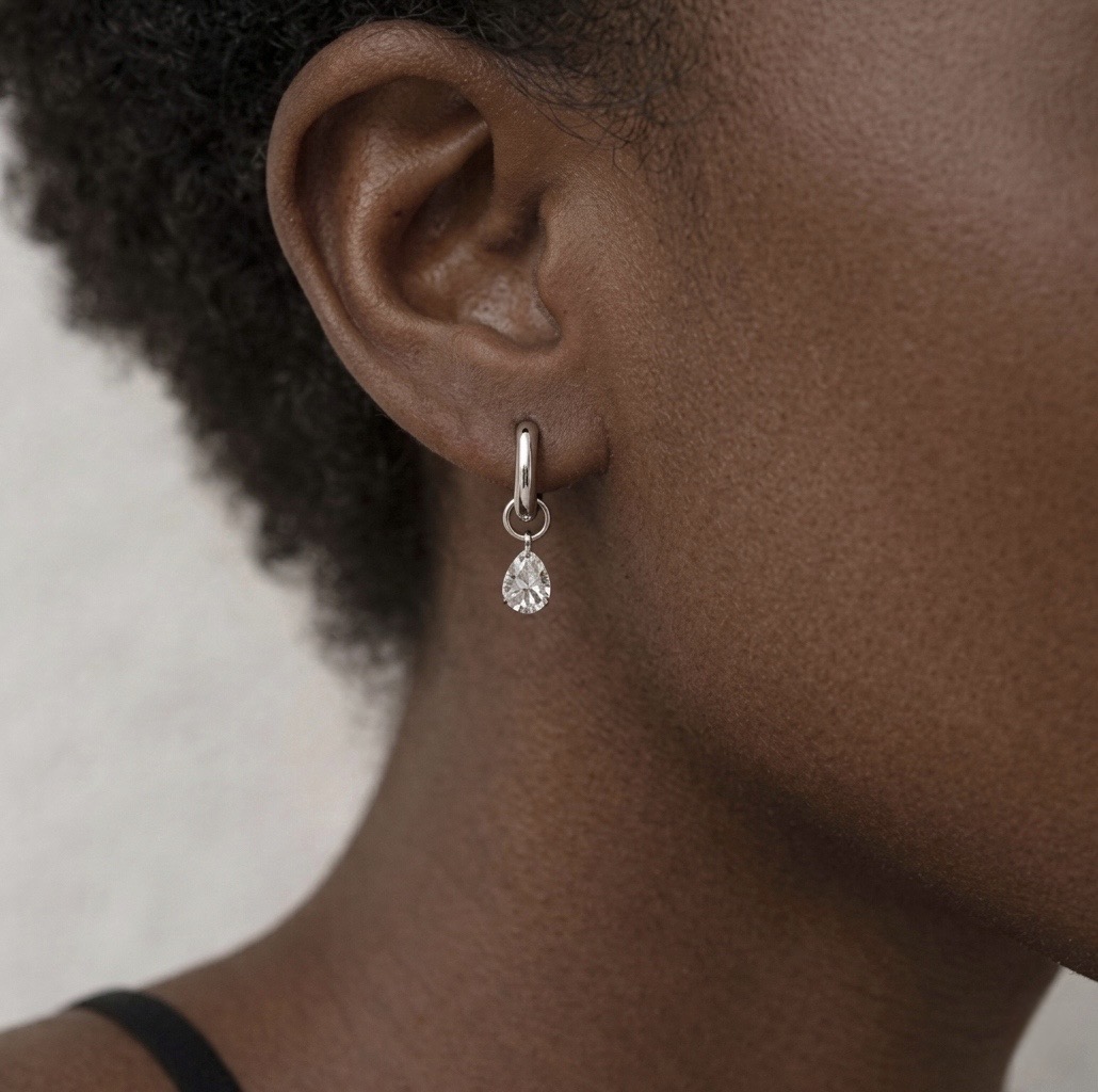Silver Teardrop Crystal Drop Huggie Earrings