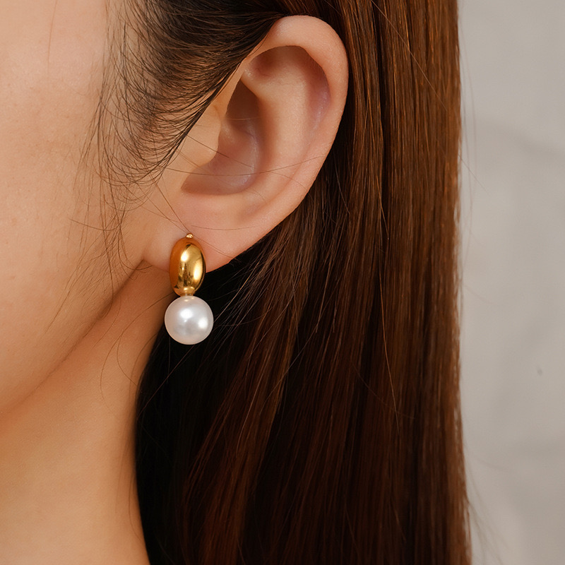 Gold Chunky Dome Drop Pearl Earring