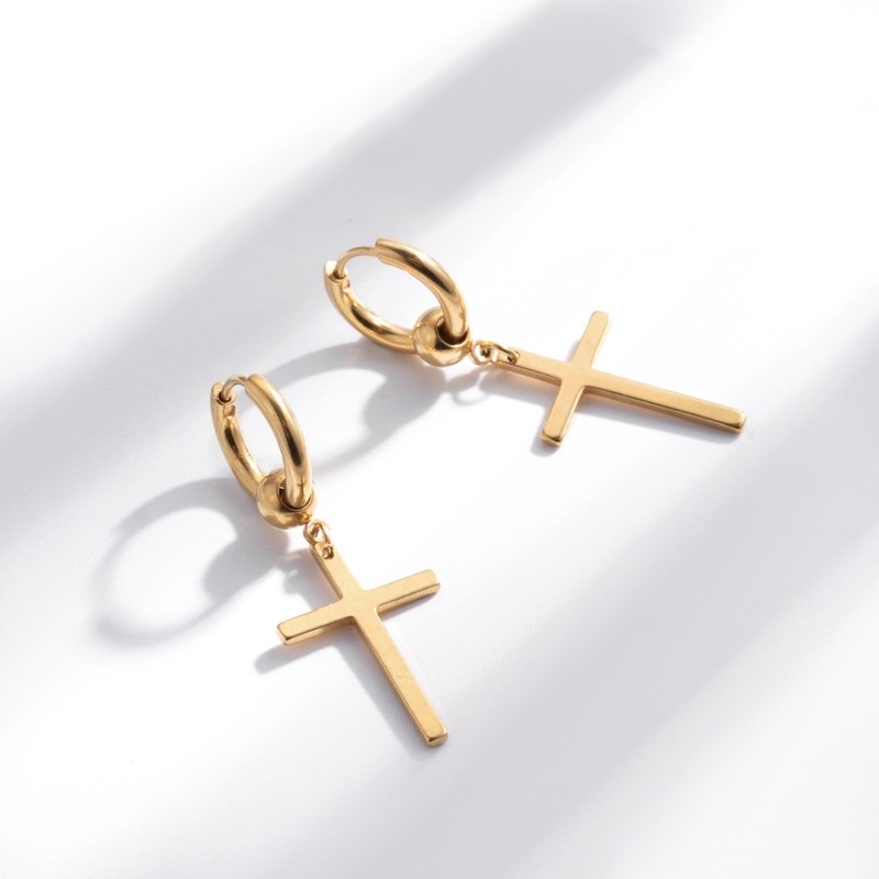Polished Cross Charm Huggie Earrings